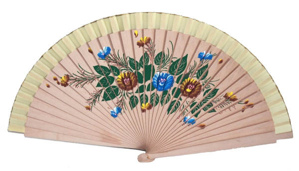712, 1 Stk Fächer Sommerfächer Hand Deko Wind Bambus Holz Blumen beige gelb Tanz