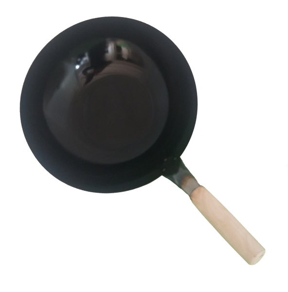 Wok Pfanne 30 cm Ø Eingebrannt rund Boden Carbon Stahl Holzgriff Gas Herd Grill