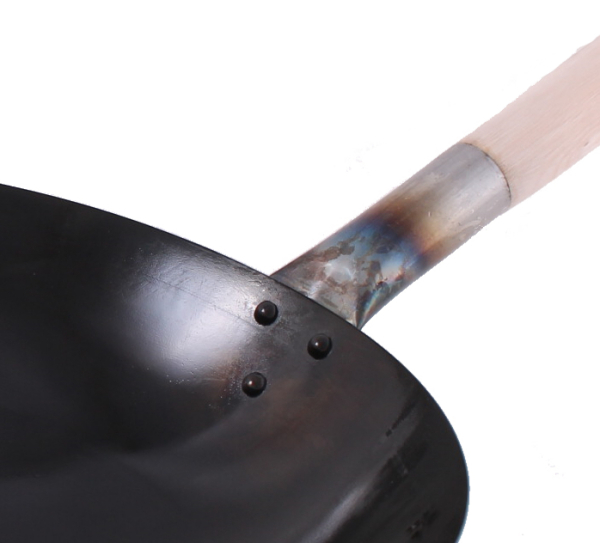 Wok Pfanne 30 cm Ø Eingebrannt rund Boden Carbon Stahl Holzgriff Gas Herd Grill