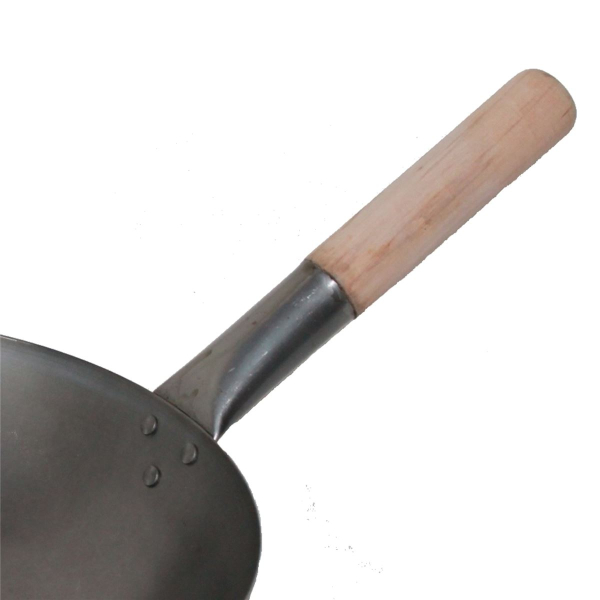 Wok Pfanne 33 cm Ø China Gastronomie rund Boden Carbon Stahl Holzgriff Gas Herd Grill
