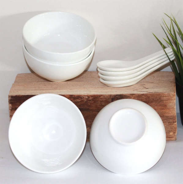 06-25 Reisschalen 4' Set & Löffel Müslischale Suppenschale Keramik weiss Schale China