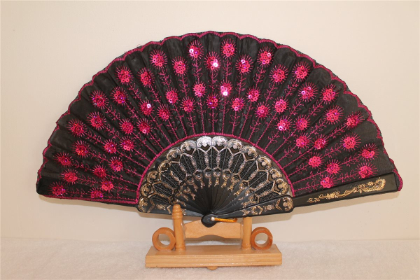 062, 1 Stk. B-Ware Fächer Pailletten pink schwarz Tanz Deko Spanisch Sommer